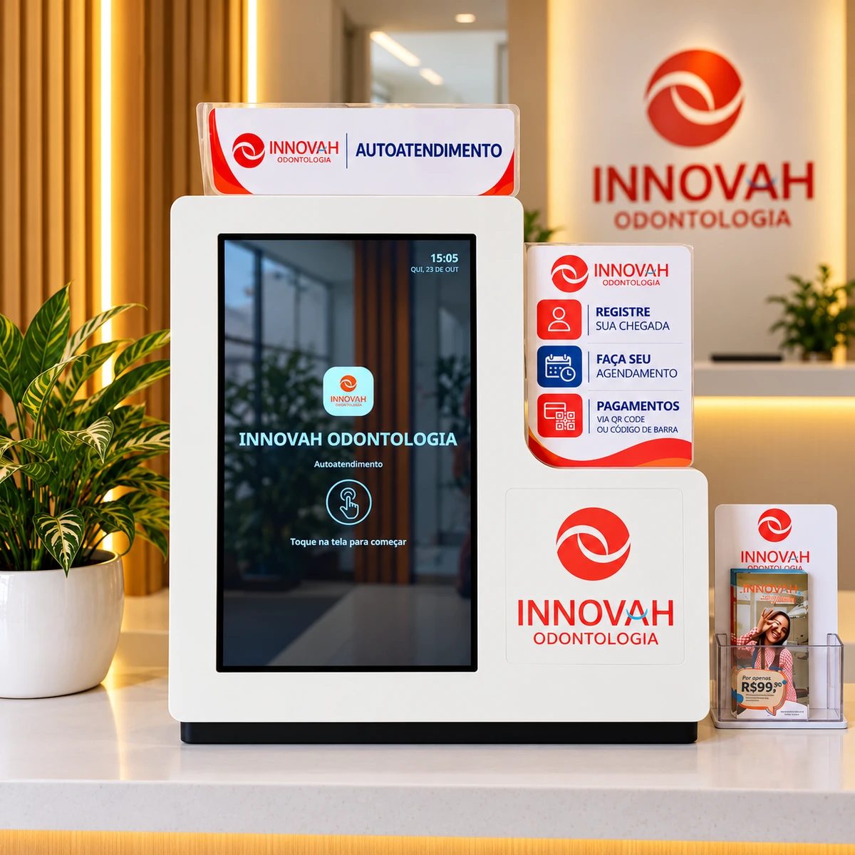 Totem de autoatendimento da Innovah Odontologia na recepção